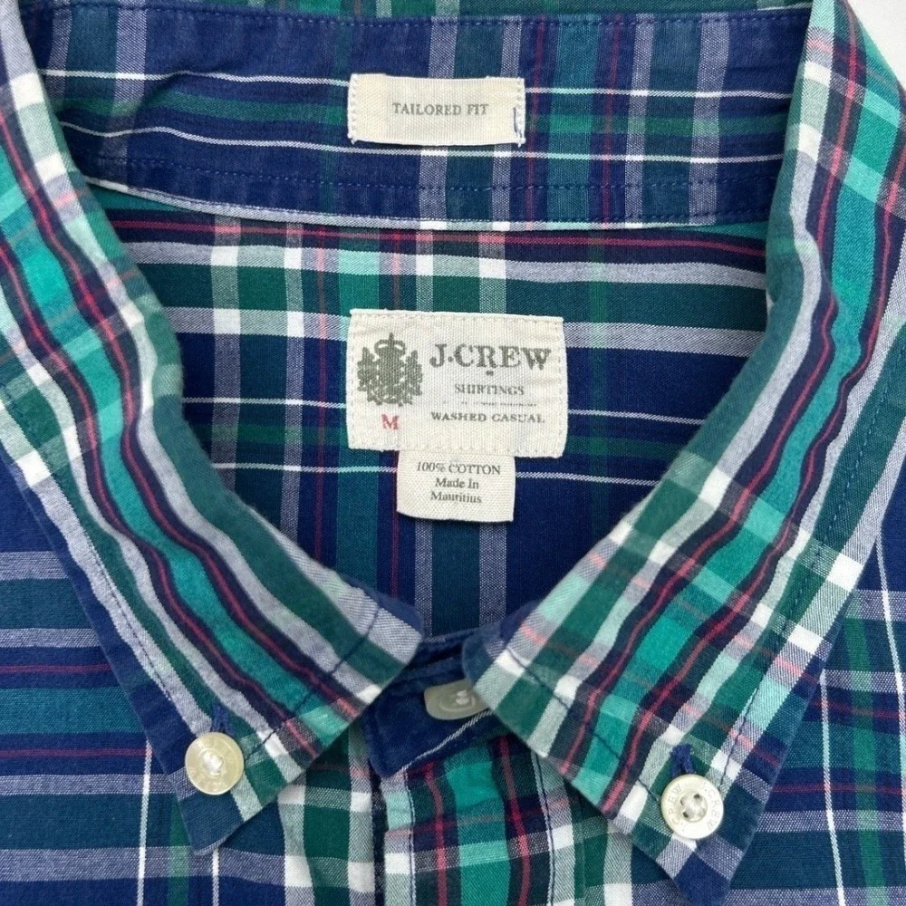 J.Crew Mens Button Down Flannel Shirt Blue Green Plaid Size M Tailored Cotton